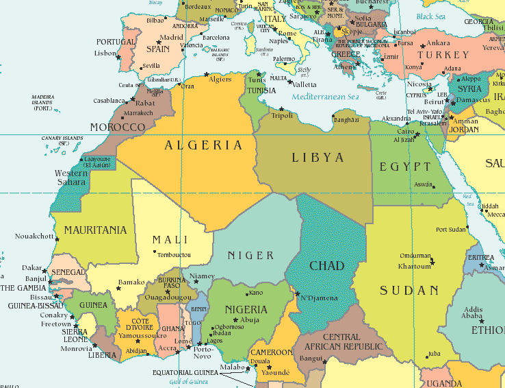 Map of North Africa and Surrounding Regions with Country Borders and Cities